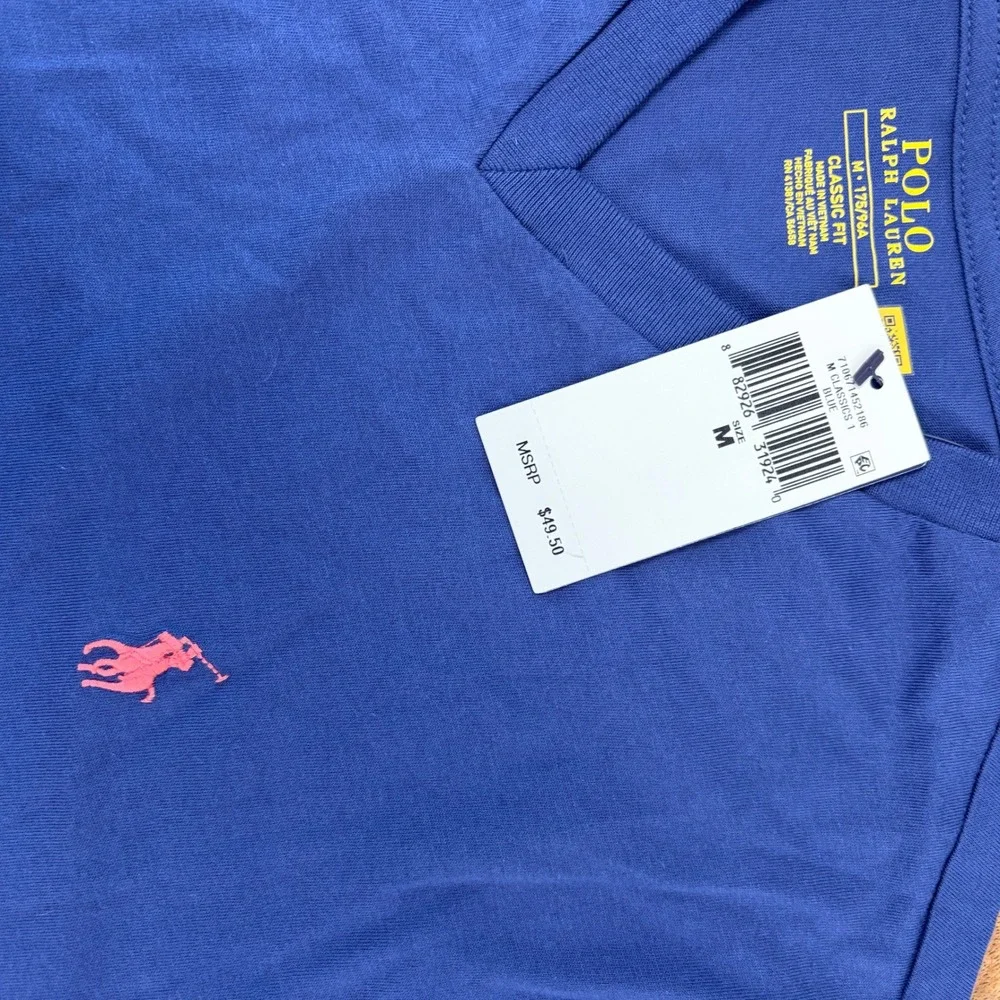 Polo Ralph Lauren V-Neck T-Shirt Medium Blue Classic Fit Orange Pony Cotton Tee